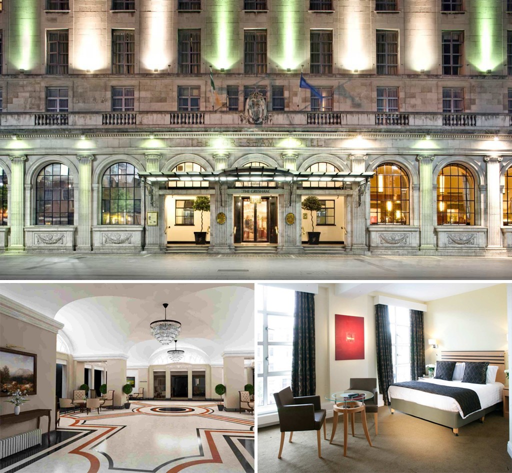 Three colour photographs of The Gresham Hotel. The top image displays the exterior of the hotel. The bottom images show the hotel foyer and a hotel bedroom